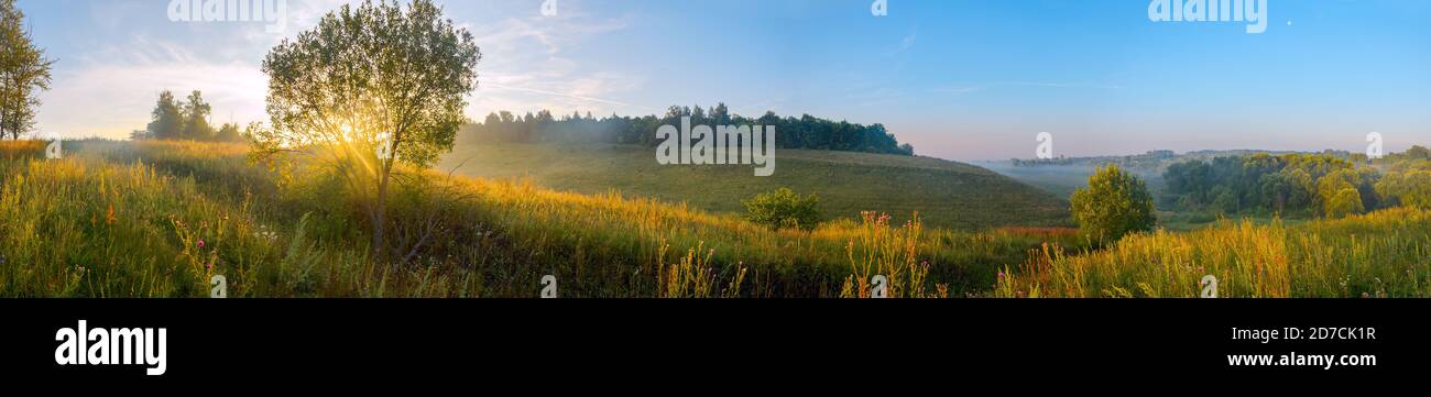 Sonnige Sommer Panorama-Landschaft mit grünen Hügeln Stockfoto
