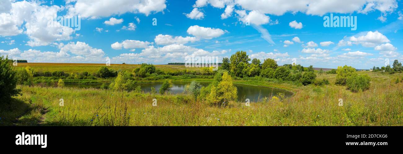 Sonnige Sommer ländliche Landschaft mit ruhigen Fluss, Landstraße und golden Farmfelder Stockfoto