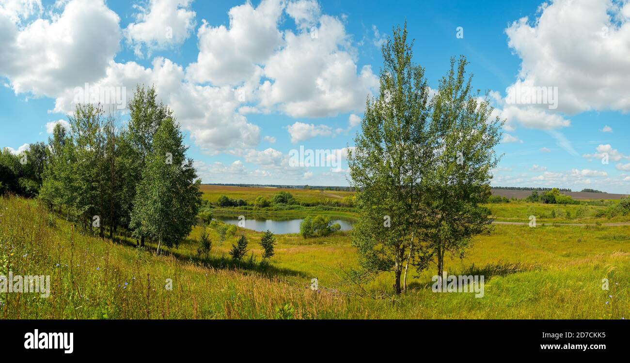 Panorama-Sommer ländliche Landschaft mit See und Felder auf dem Bauernhof in sonnigen Tag. Stockfoto