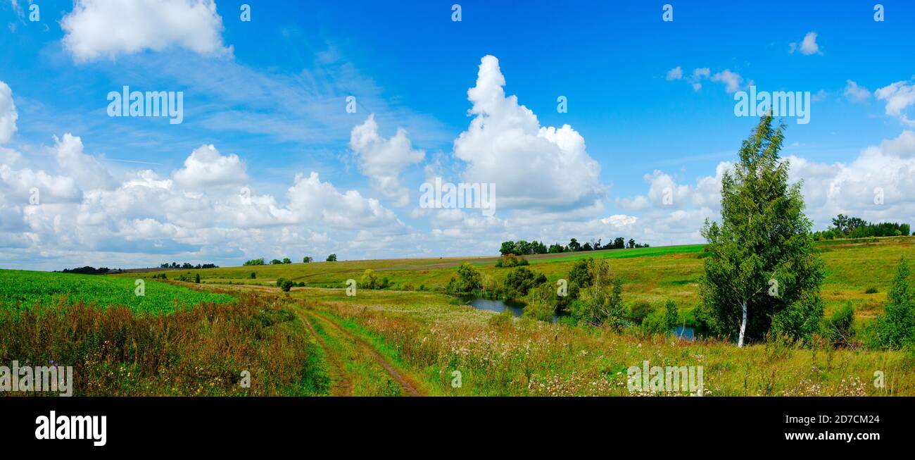 Sonnige Landschaft mit Fluss und Landstraße durch die Felder und Wiesen Stockfoto