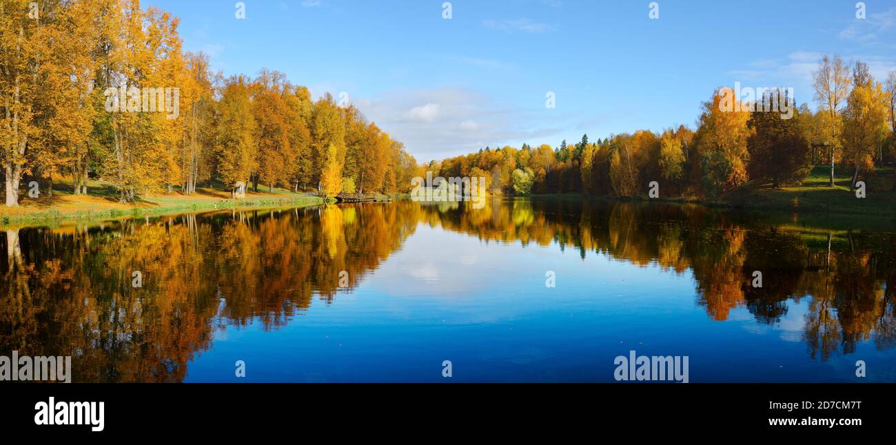 Sonnige Panorama-Herbstlandschaft mit Teich im Park und Bäumen Mit gelbem Herbstlaub Stockfoto