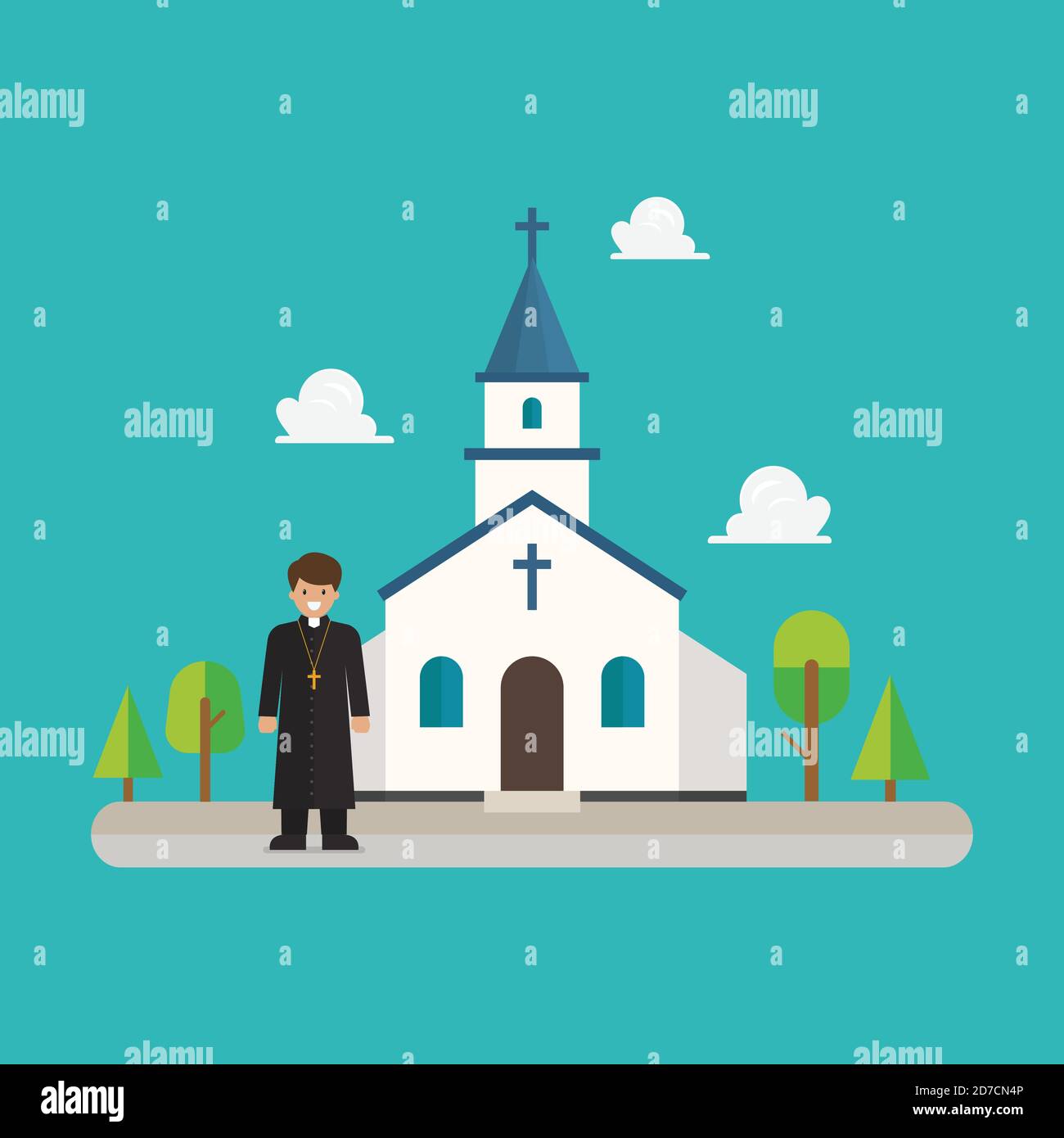Priester steht vor der Kirche in flachem Design. Vektorgrafik Stock Vektor