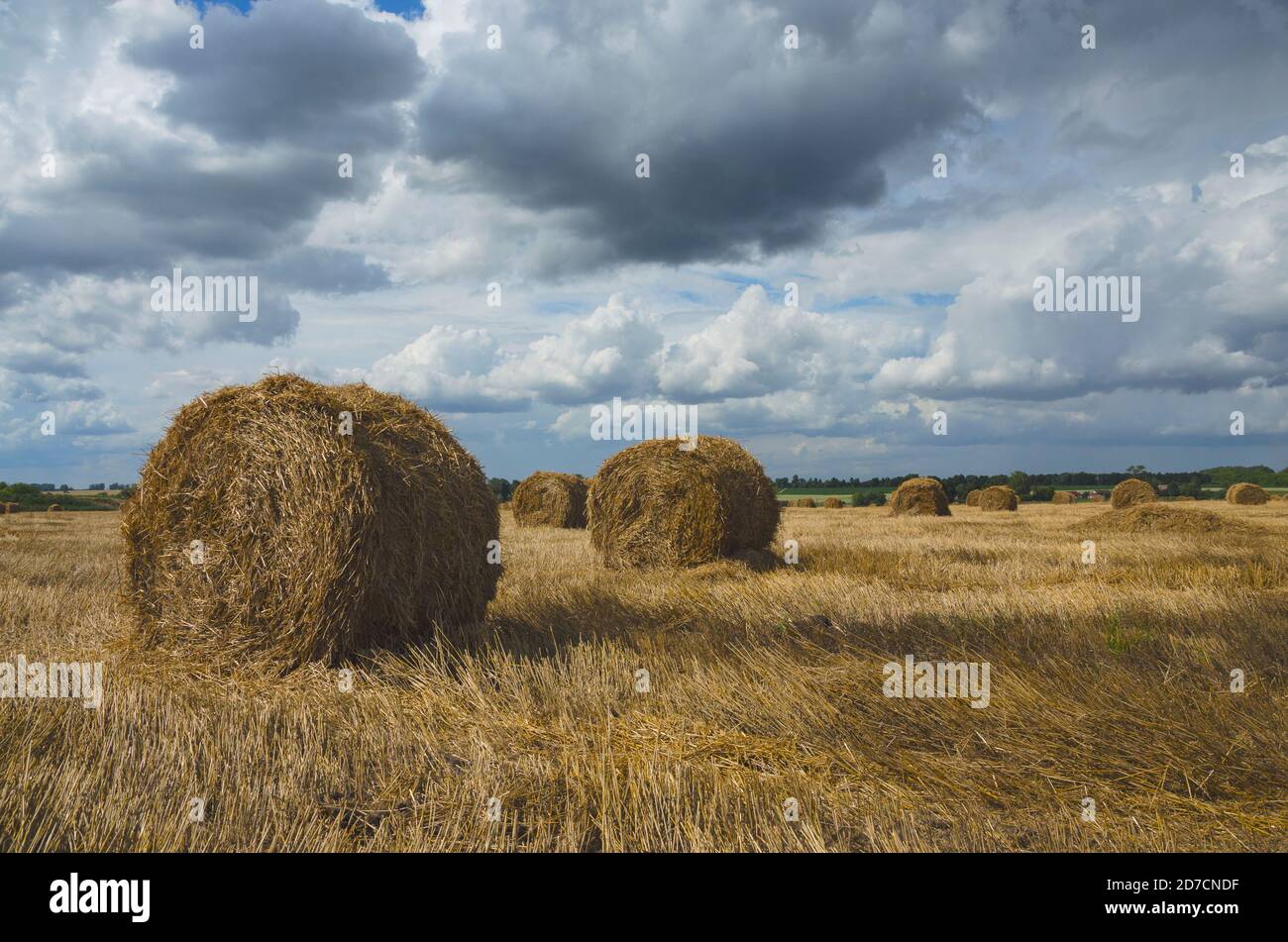 Dunkle stürmische Wolken über dem Farmfeld mit Heuhaufen. Stockfoto