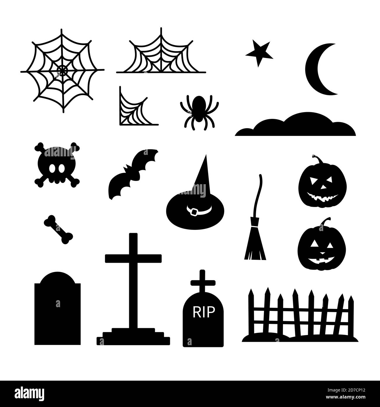 Happy Halloween Black Elements Set - Besen, Spinnennetz, Totenkopf Knochen Gräber Zaun, Kürbis, Mond, Wolke, Fledermaus, Spinne, Hexenhut. Stock-Vektor Stock Vektor