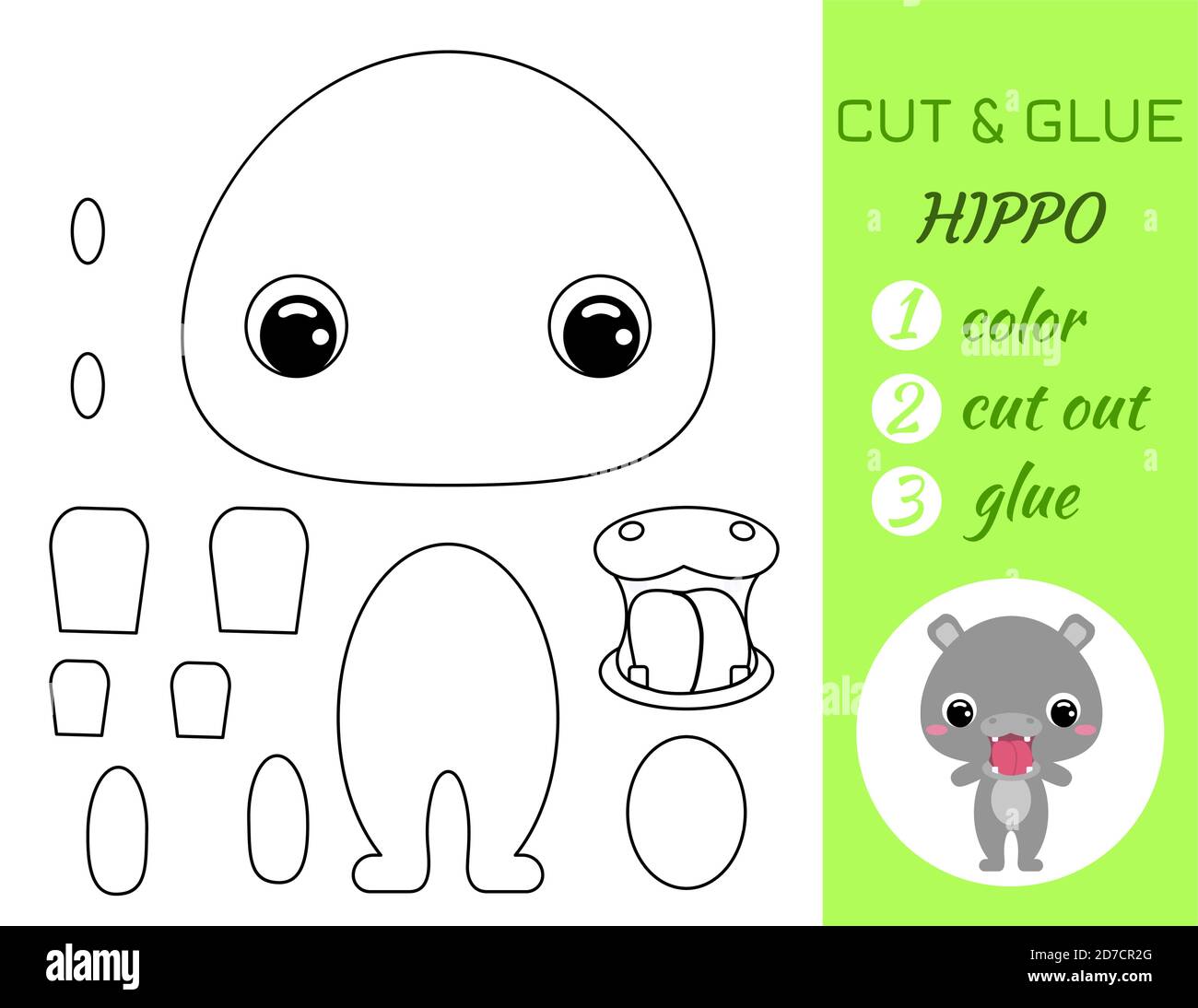 Malbuch schneiden und kleben Baby Nilpferd. Pädagogische Papier Spiel für Vorschulkinder. Arbeitsblatt ausschneiden und einfügen. Farbe, Schnittteile und Kleber auf Papier.Warenkorb Stock Vektor