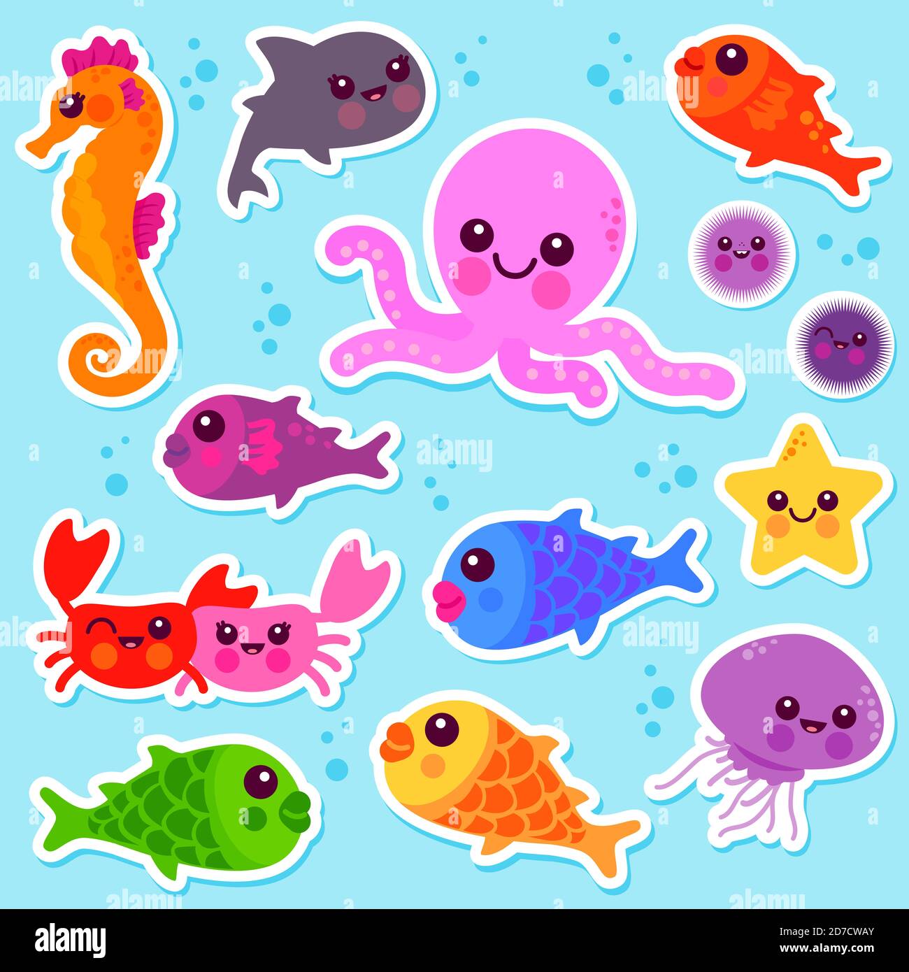 Aufkleber Set mit farbenfrohen Meerestieren und Meerestieren. Niedliche Zeichentrickfilme Unterwasserfische, Krabben, Haie, Oktopus, Seeigel, Seepferd, Quallen, Seesterne. Stockfoto