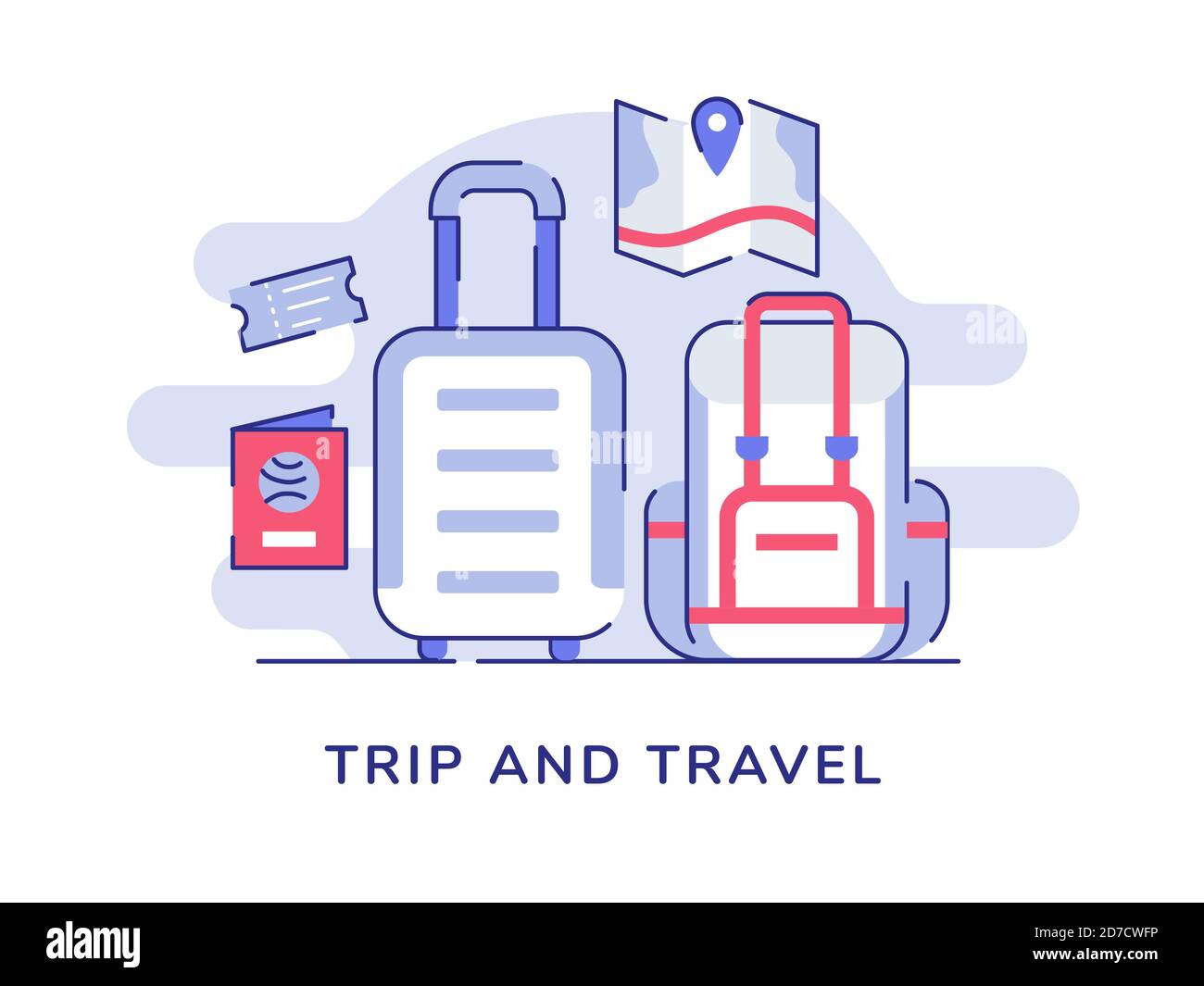 Reise ein Reisekonzept Rucksack Koffer Reisepass Ticket Karte weiß Isolierter Hintergrund mit flachem Stil Stock Vektor