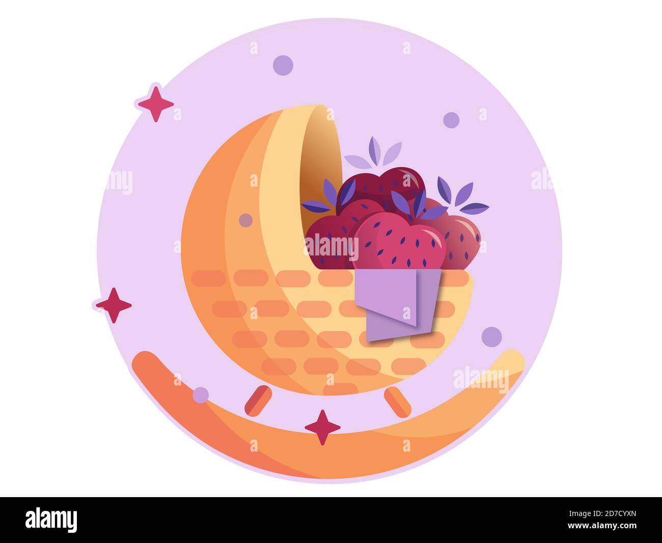 Schön und gemütlich Baby neugeborenen Korb mit Erdbeeren auf einem hellen lila Pastell Hintergrund Vektor-Illustration für Karte, Druck, Web, Banner Stockfoto