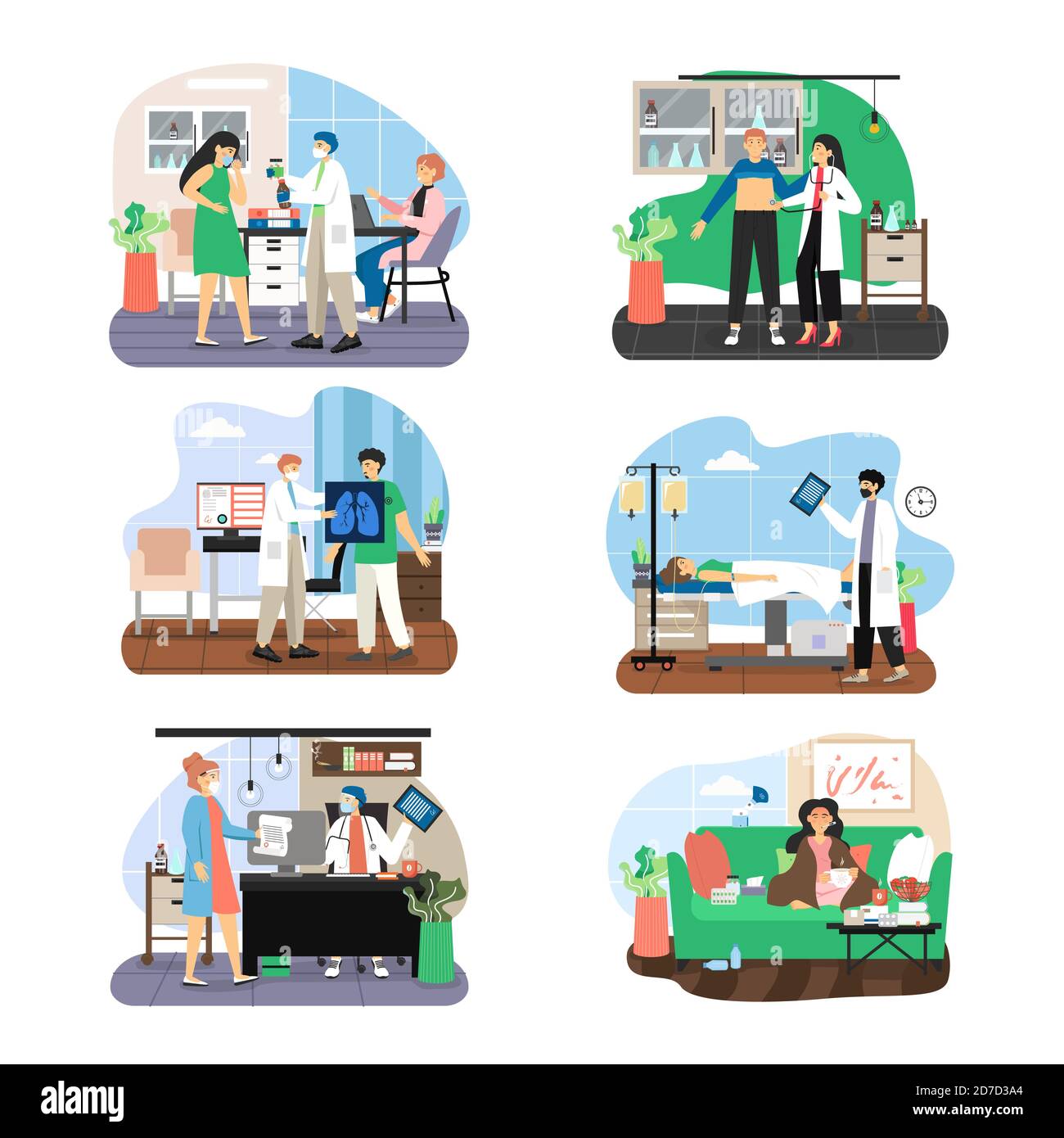 Arzt und Patient, männlich, weiblich Zeichentrickfilm Zeichensatz, flache Vektor-Illustration. Stock Vektor