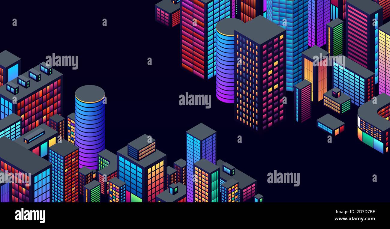 Hintergrund mit Blick auf die Stadt mit isometrischen Perspektive und lebendige Neon Farben Stock Vektor
