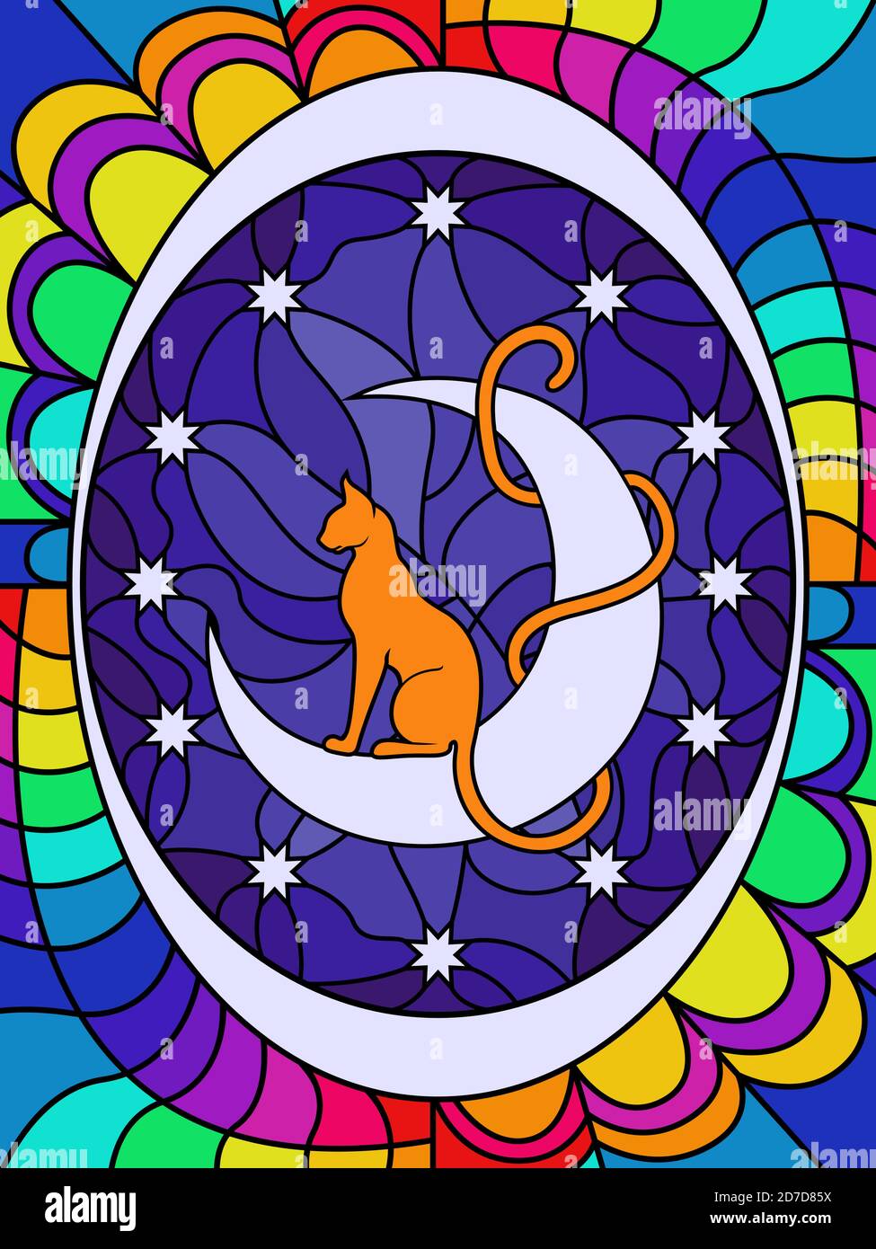 Silhouette einer Katze mit einem Schwanz, der den Mond umhüllt, helles mehrfarbiges Buntglasfenster für ein Kinderzimmer Stock Vektor