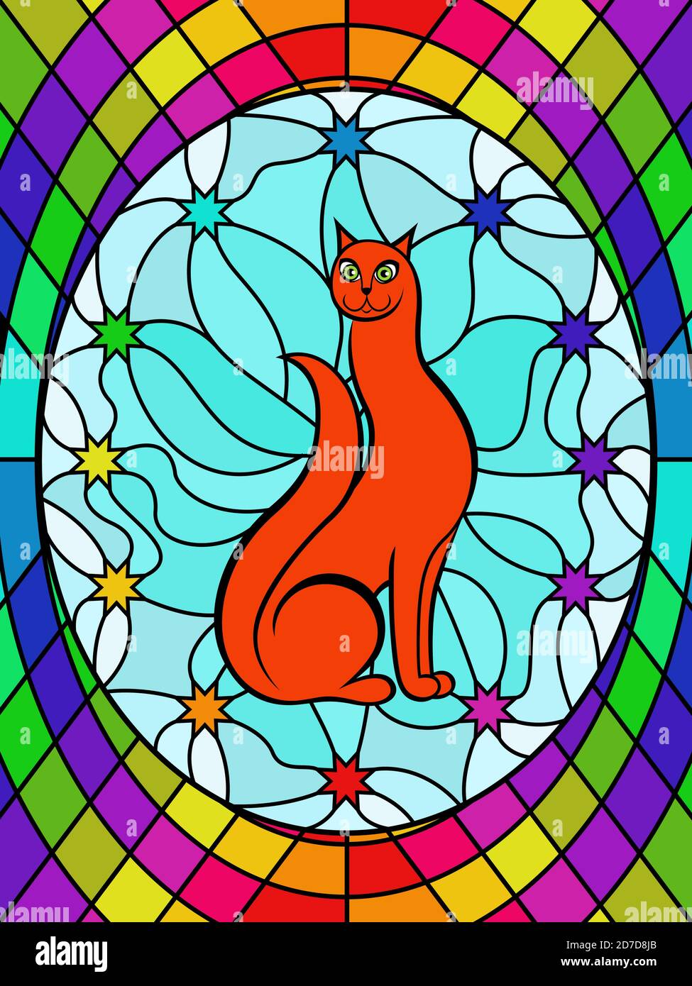 Lustige und anmutige Katze sitzt auf einem Hintergrund des Himmels mit Stern, hell bunte Buntglas Fensterdekoration auf Glas für Kinder Stock Vektor