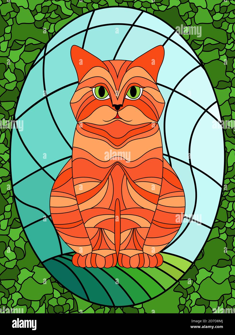 Lustige und ernsthafte Katze auf dem Hintergrund des Himmels sitzen, bunte Buntglasfenster Dekoration auf Glas für Kinder Stock Vektor