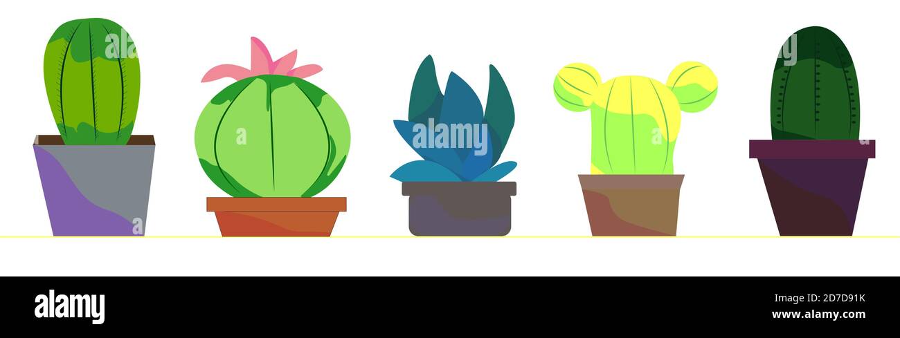 Kaktus-Icons in flachem Stil auf weißem Hintergrund. Home Pflanzen Kakteen in Töpfen und mit Blumen. Stock Vektor
