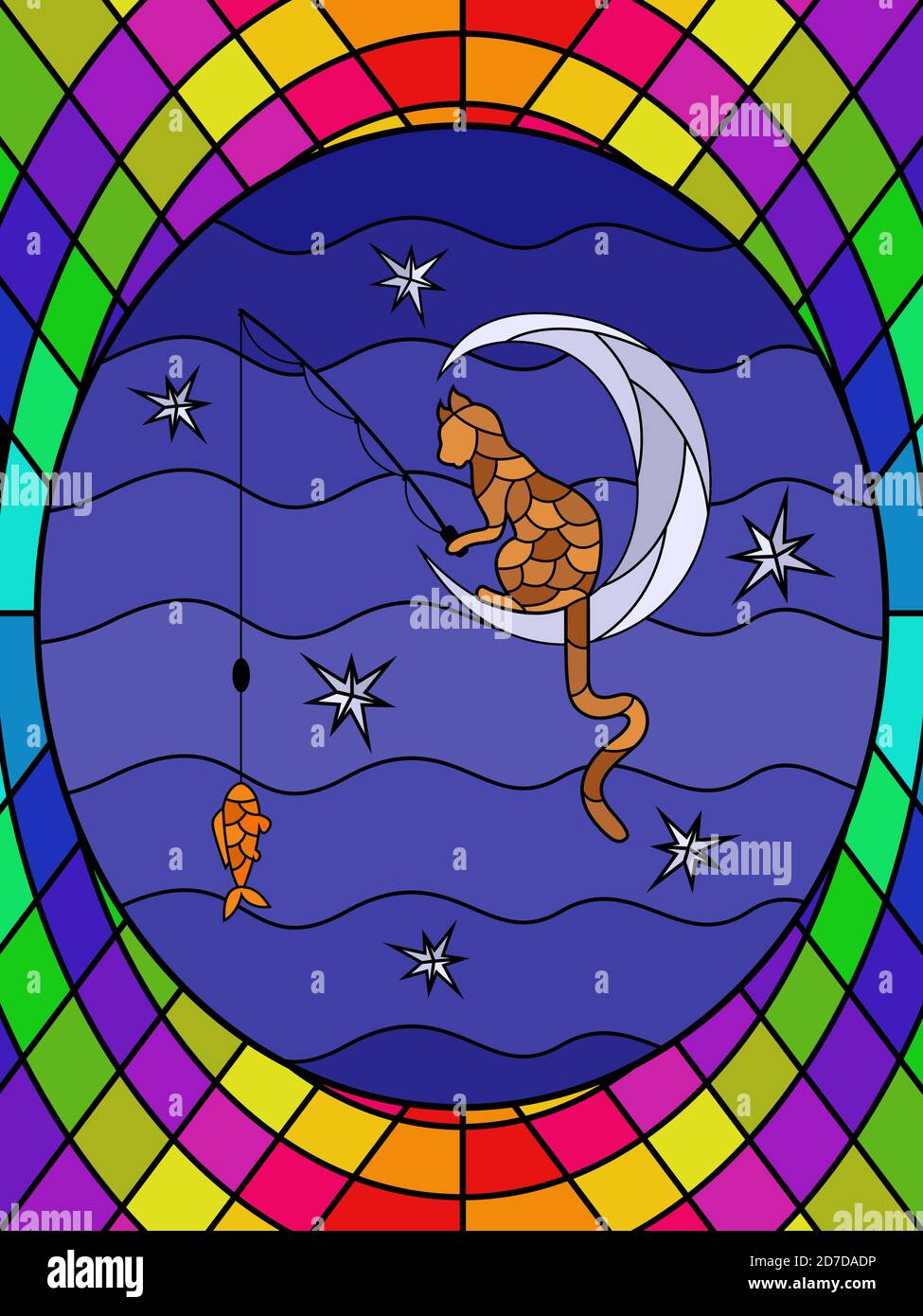 Bunte Glasmalerei mit einer niedlichen Cartoon-Katze auf dem Mond fängt Fisch, Dekoration auf Glas für Kinder Stock Vektor