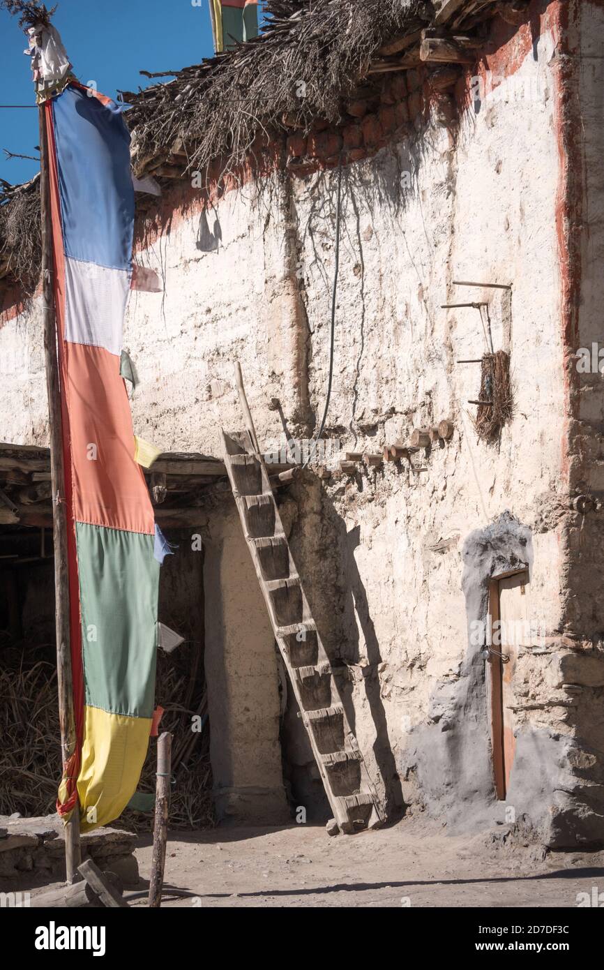 Nepal. Chhyangur, Lower Mustang. Fahnen und Leiter des alten buddhistischen Hauses. Annapurna Circuit. Stockfoto