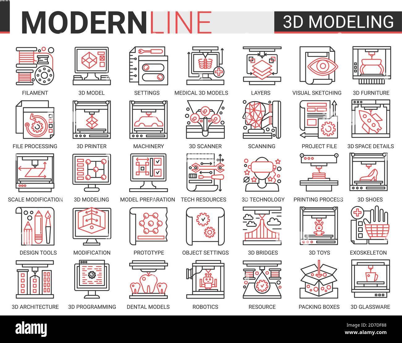 3d-Druck komplexe Konzept Wissenschaft Technologie dünne Linie Web-Icons Vektor-Set. Rot schwarz dünne Linie kreatives Design mit Modellierung moderner Technologie Drucker Ausrüstung Maschinen, zukünftige wissenschaftliche Innovationen Stock Vektor