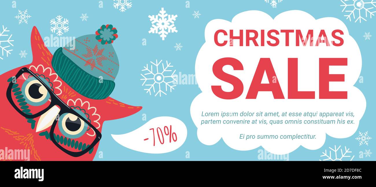 Weihnachtsverkauf, Rabatt bietet Vektor-Illustration. Cartoon nette Eule mit Gläsern, Hut und Schneeflocken bietet spezielle Shop Rabatte während der Weihnachtszeit Winter, Weihnachten Werbung promo Hintergrund Stock Vektor