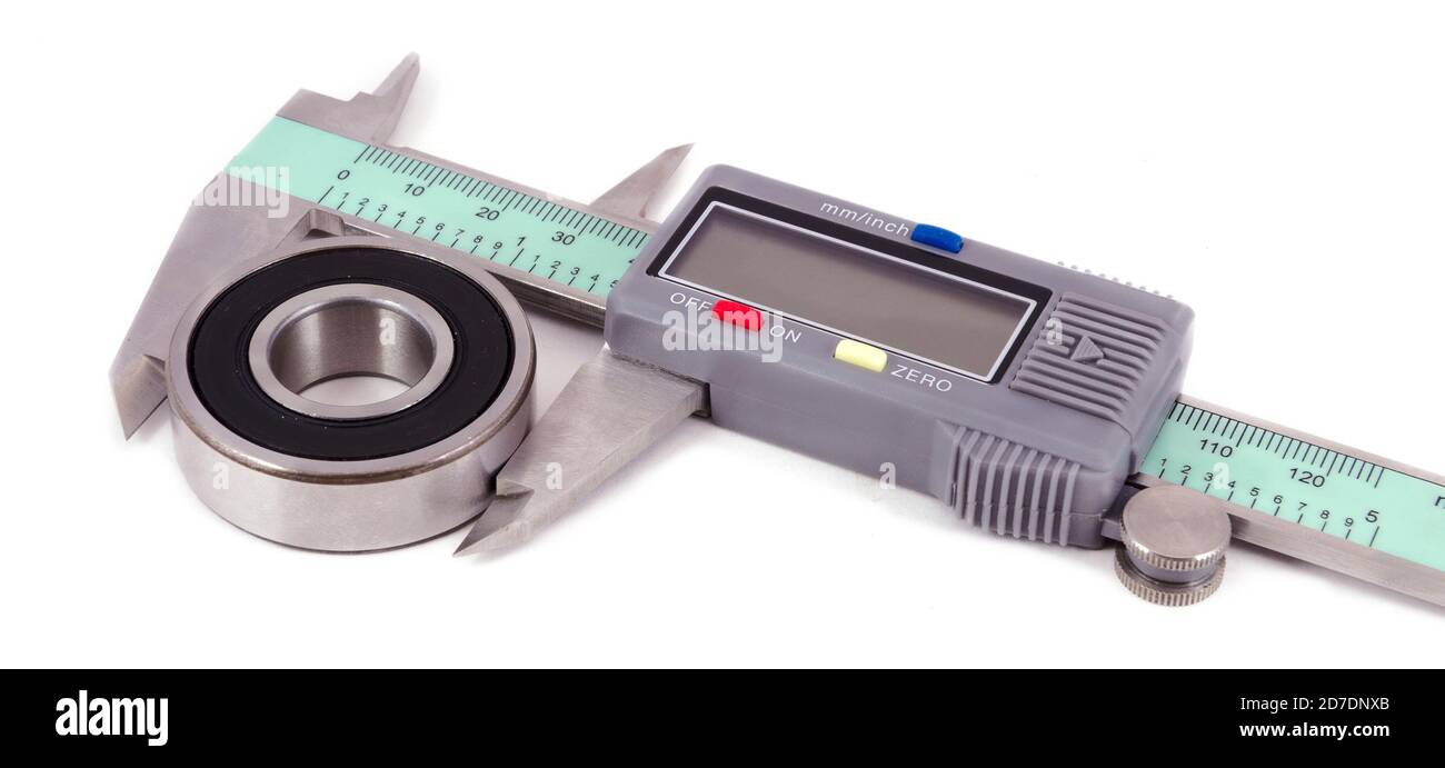 Lager und elektronischer Bremssattel auf weißem Hintergrund Stockfoto