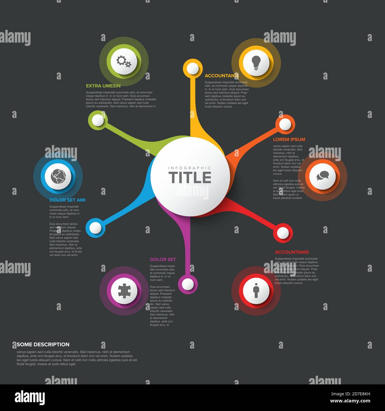 Vektor Mehrzweck Infografik Vorlage mit Titel und sechs Elemente Optionen Und moderne Farben auf dunklem Hintergrund Stock Vektor