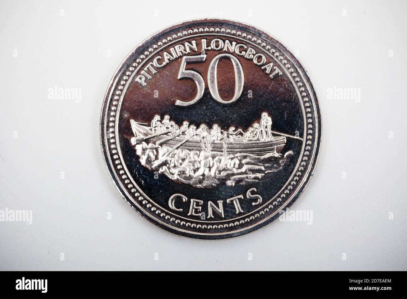 Eine Nahaufnahme einer 50-Cent-Münze aus Die Pitcairninseln Stockfoto