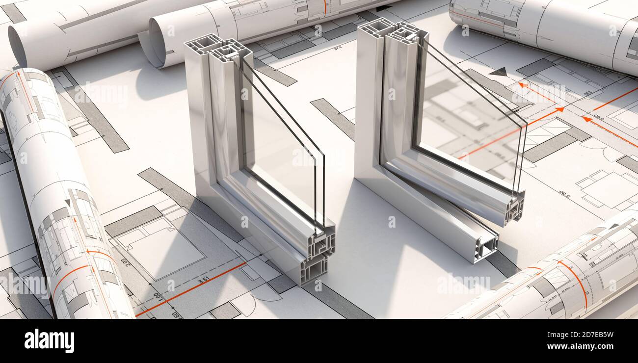 Aluminiumrahmen offen und geschlossen auf Blaupause Hintergrund. PVC-Metall silberfarben Fenster und Türen Profil Detail Querschnitt. 3D-Illustration Stockfoto