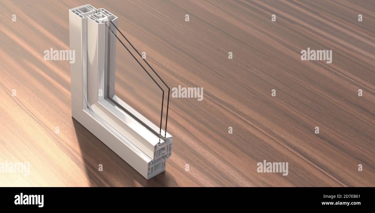 Aluminium-Profilrahmen Doppelverglasung Probe auf Holzboden Hintergrund. Querschnitt der Fenster und Türen in Whiteolor. 3D-Illustration Stockfoto