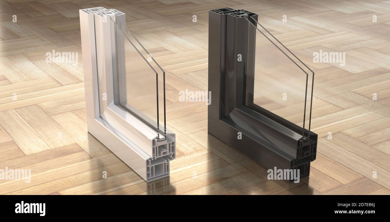 Aluminium-Profilrahmen Doppelverglasung Proben auf Holzboden Hintergrund. Querschnitt durch Fenster- und Türdetails in Weiß und Schwarz. 3D-Illustration Stockfoto