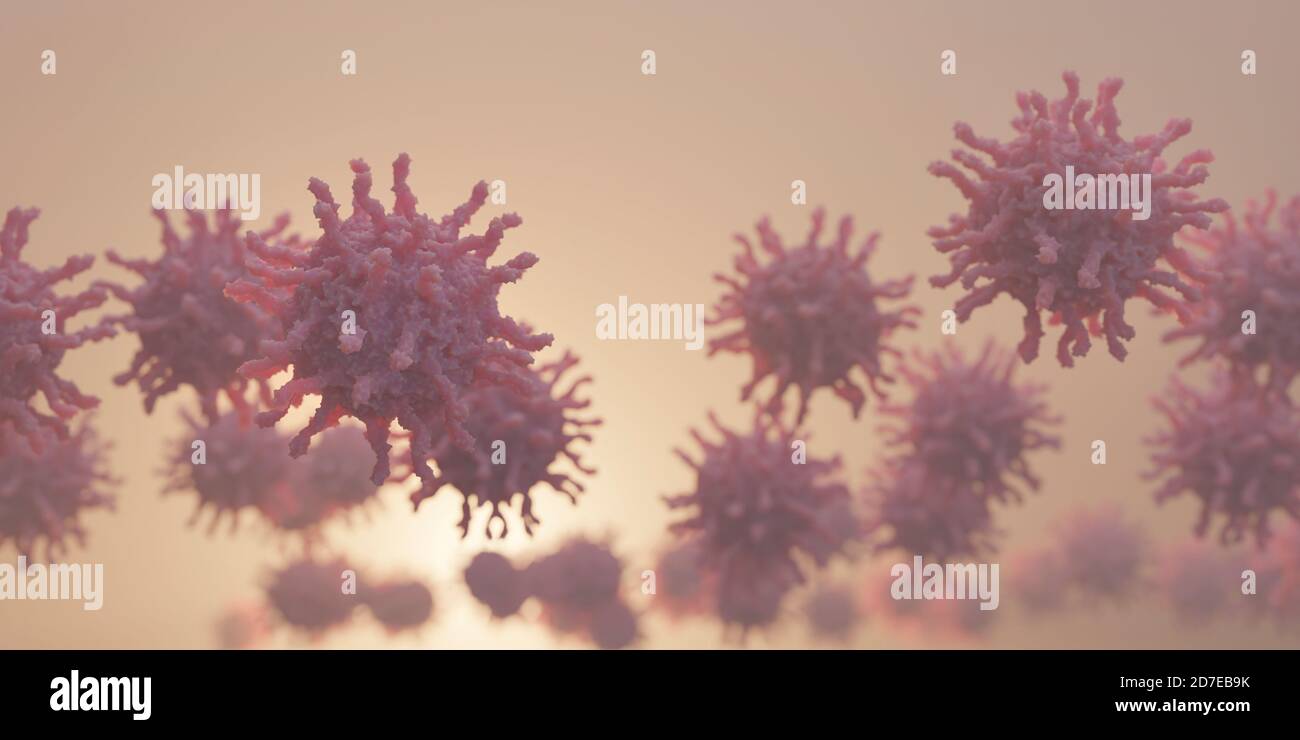 Poliovirus mit Rezeptoren (Spikes). Eine Infektionskrankheit, die Polio (oder Poliomyelitis) verursacht, die durch kontaminierte Lebensmittel, Wasser oder Speichel verbreitet wird. Stockfoto