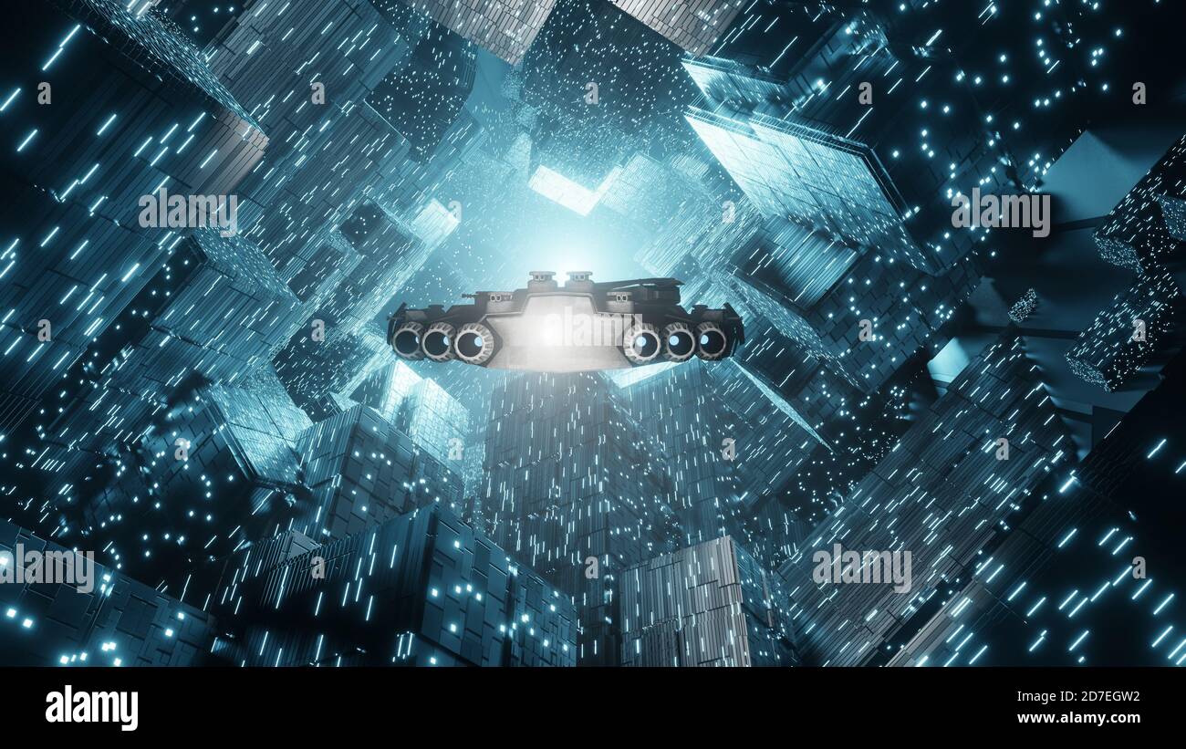 Raumschiff fliegt zur Raumstation sci-Fi Hintergrund. Futuristische Technologie Raumschiff fliegen auf Alien Kolonie Weltraum. 3D-Rendering-Bild Stockfoto