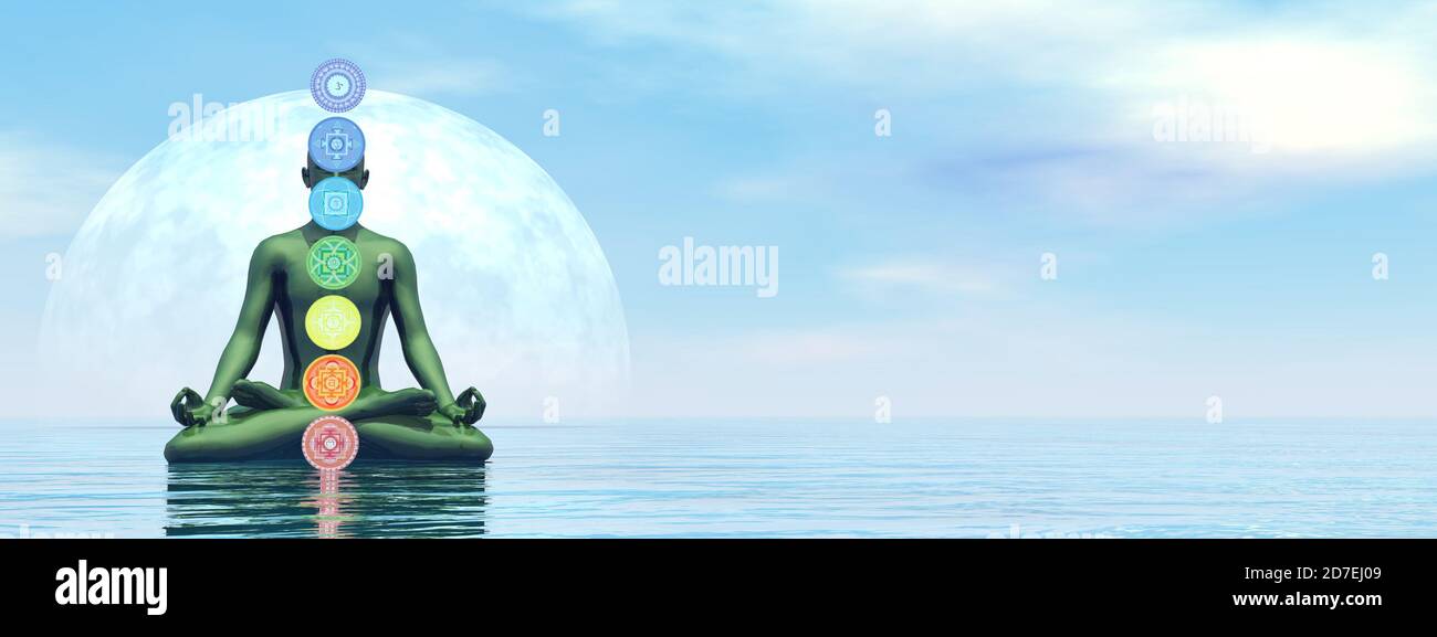 Mann meditiert über den Ozean und Chakra Farben - 3D Rendern Stockfoto