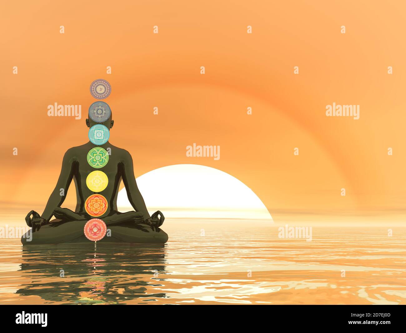 Mann meditiert über den Ozean und Chakra Farben - 3D Rendern Stockfoto