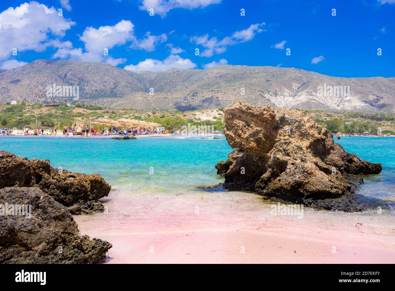 Tropischen Sandstrand mit türkisfarbenem Wasser, in Elafonisi, Kreta, Griechenland Stockfoto