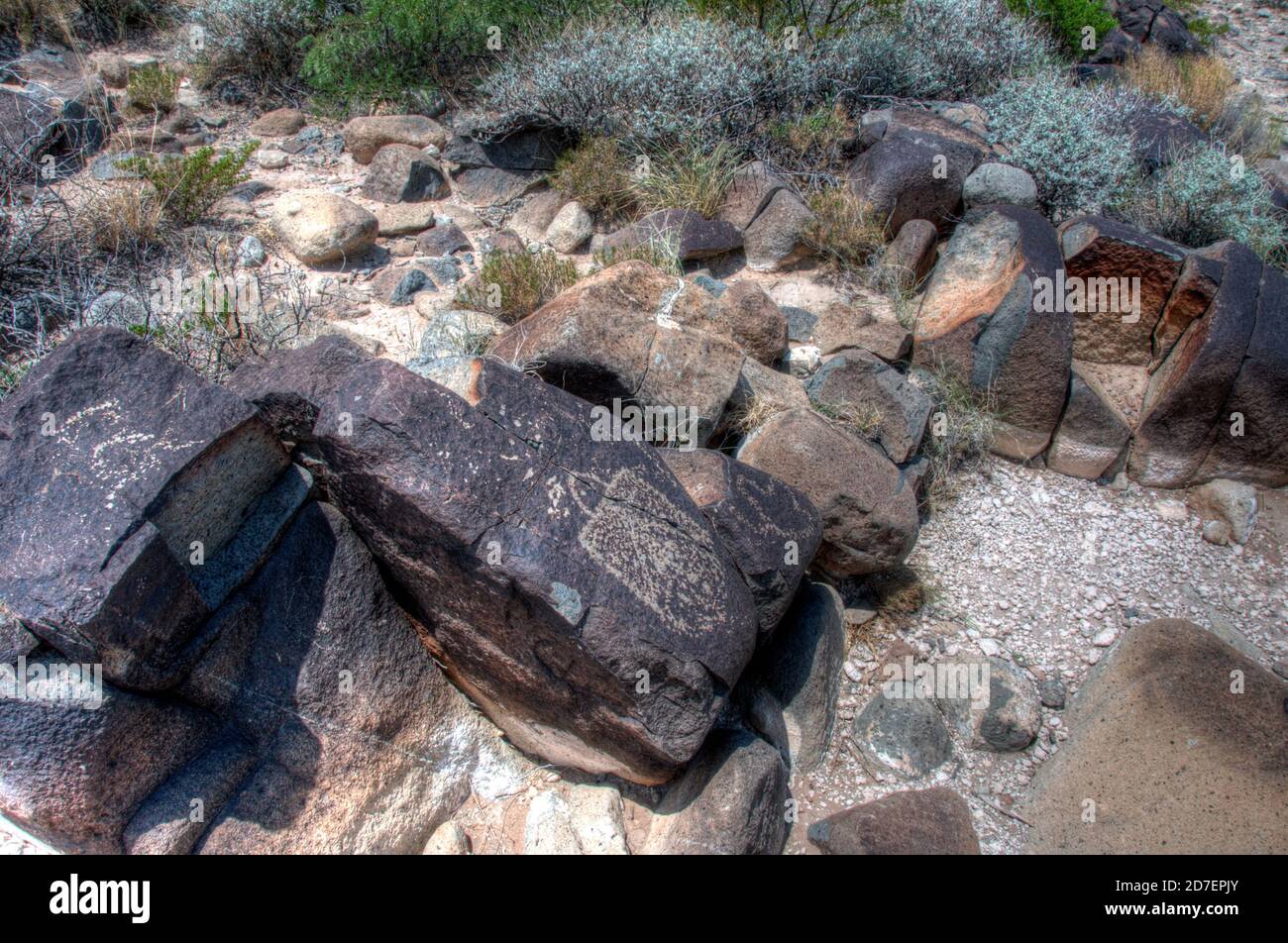 Prähistorische Petroglyphen, Felskunst, auf der Three Rivers Petroglyphen Site in der Nähe von Tularosa, New Mexico. Stockfoto
