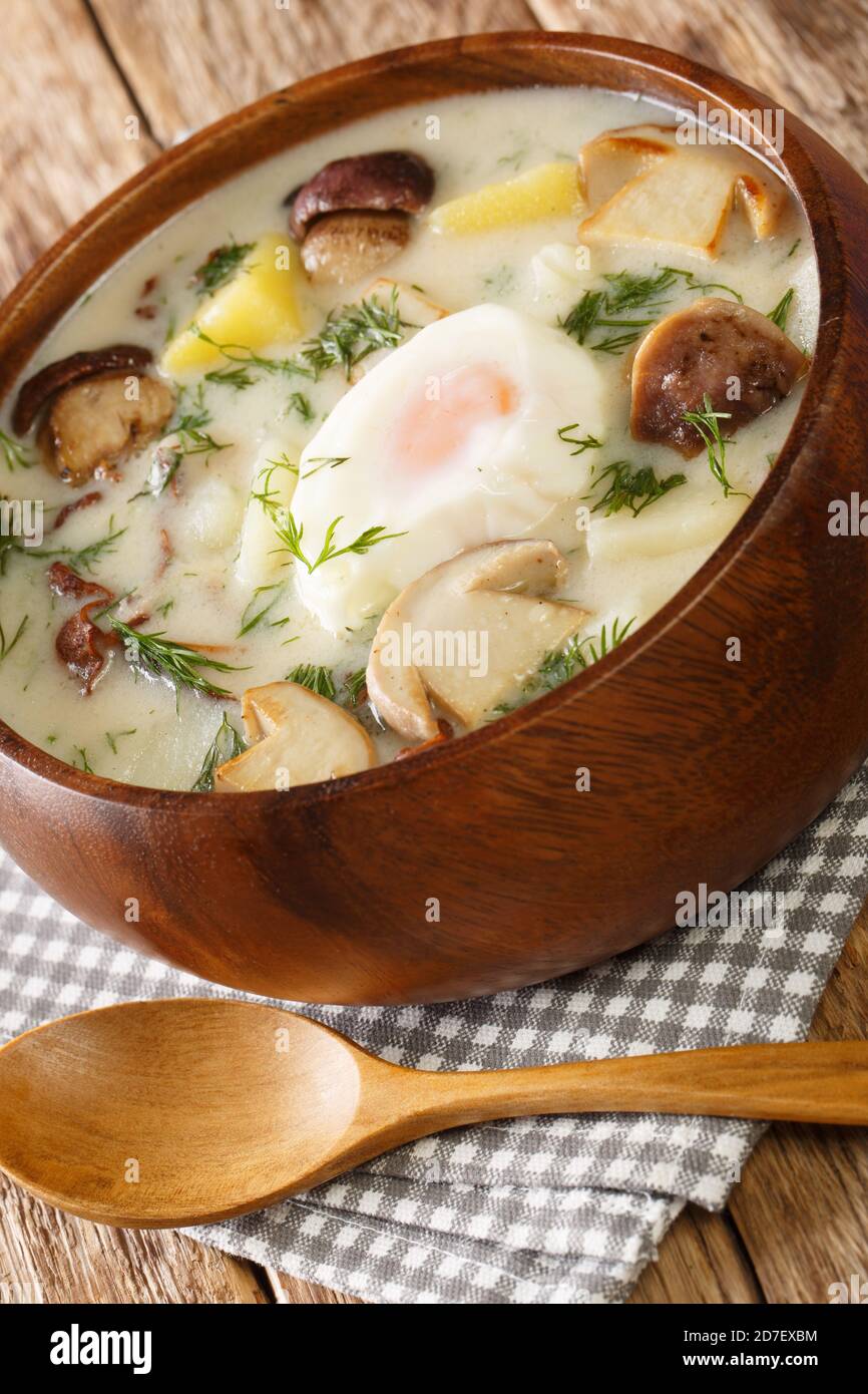 Tschechische hausgemachte Kulajda-Suppe mit Kartoffeln, Wildpilzen, Ei und Dill close-up in einer Schüssel auf dem Tisch. Vertikal Stockfoto