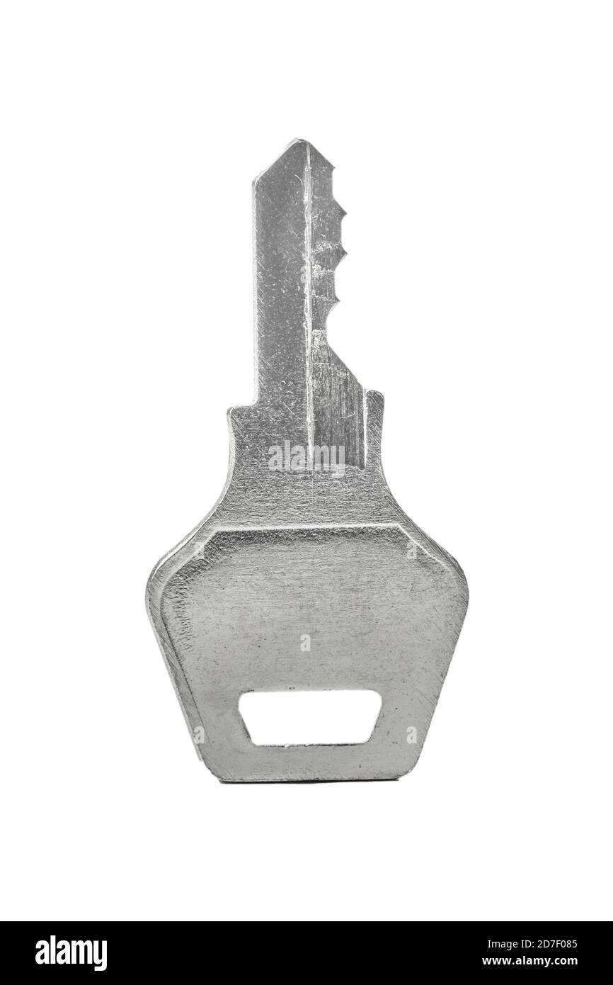 Silberner Schlüssel isoliert auf weißem Hintergrund Nahaufnahme Stockfoto