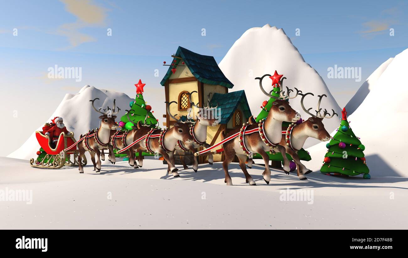 Der Weihnachtsmann trägt Geschenke auf einem Schlitten, der von Hirschen gezogen wird. 3D-Rendering Stockfoto