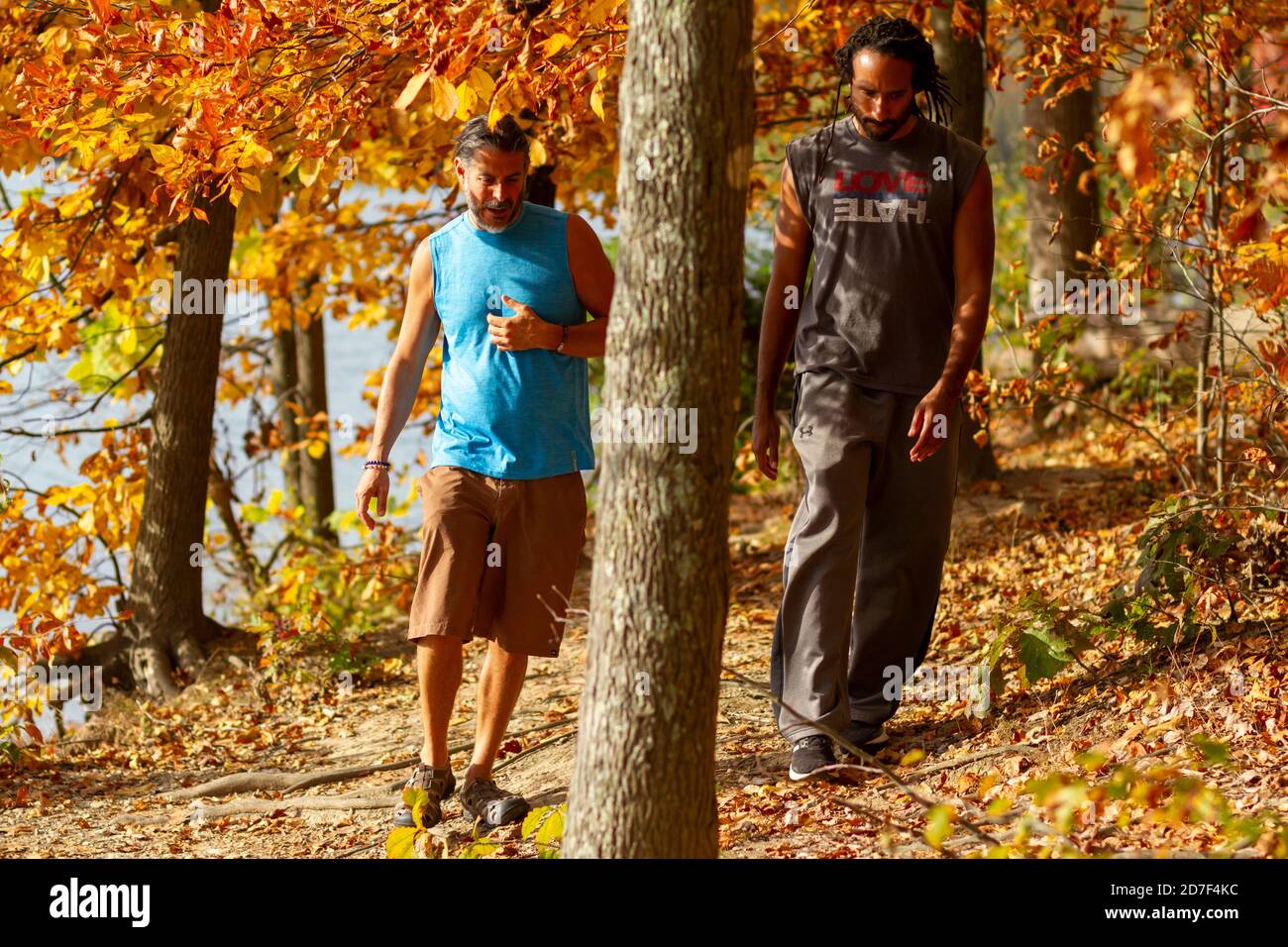 Boyd, MD, USA 10/20/2020: Ein junger, sportlicher Afroamerikaner und sein kaukasischer Freund gehen gemeinsam auf einem Wanderpfad im Wald. Der Boden ist Bucht Stockfoto