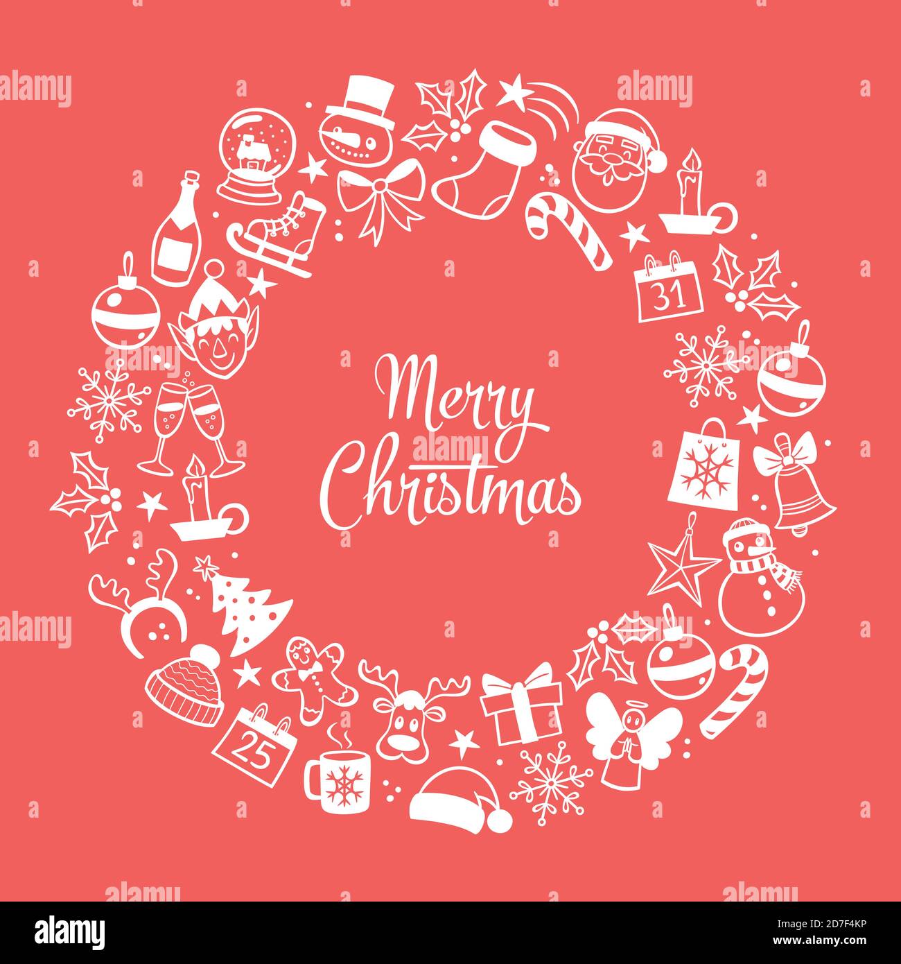 Weihnachtskarte. Roter Hintergrund mit von Hand gezeichneten umrandeten Elementen. Vektorgrafik. Stock Vektor