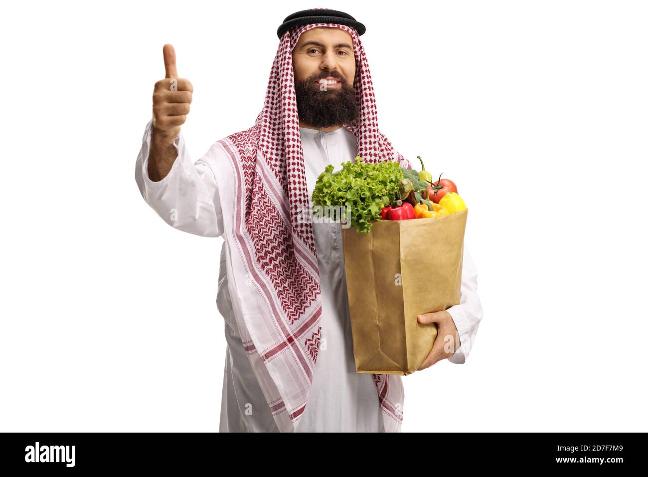 Arabischer Mann mit einer Einkaufstasche, die stand und Daumen zeigte Oben isoliert auf weißem Hintergrund Stockfoto