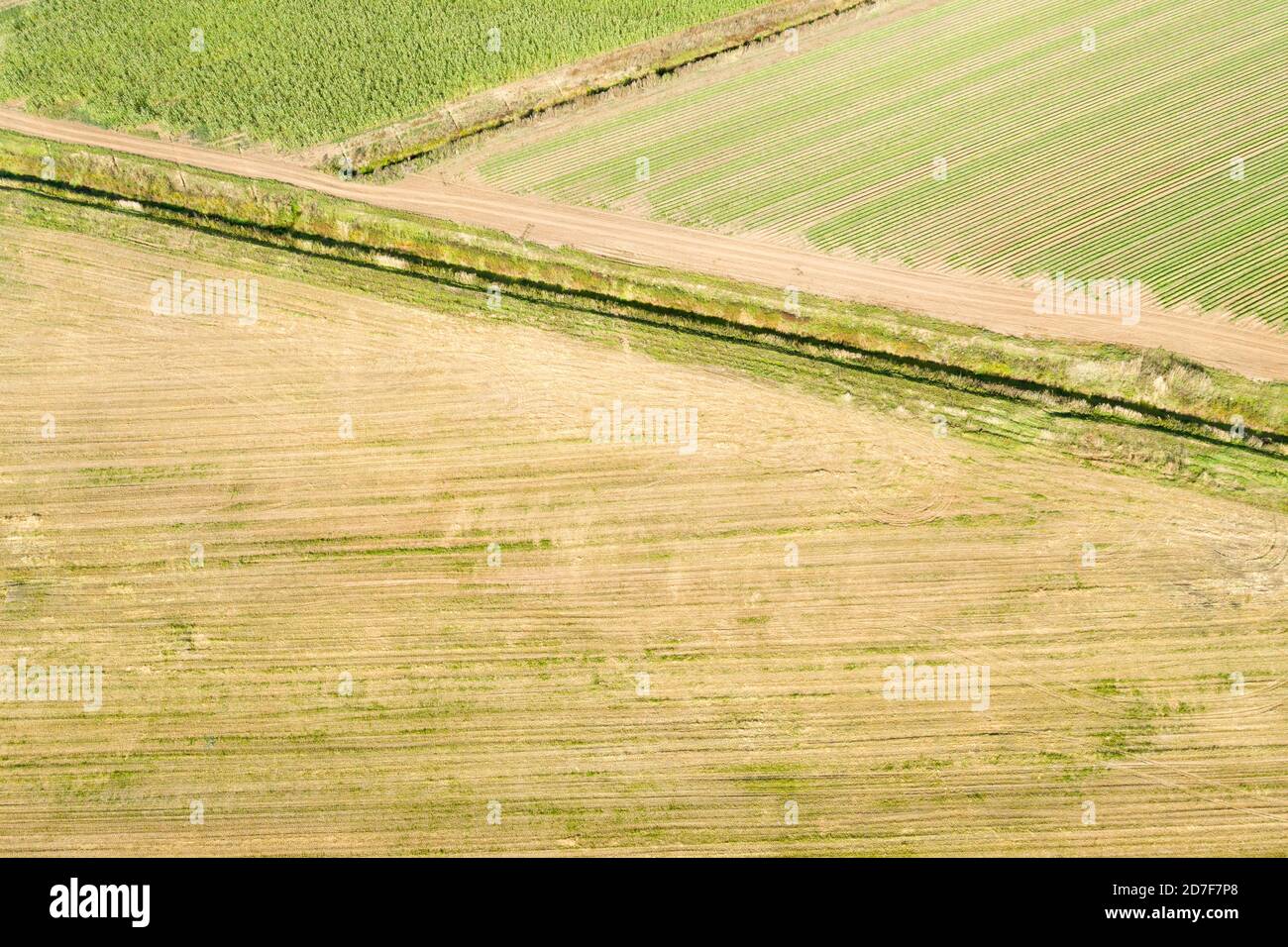 Draufsicht auf landwirtschaftliche Felder am Herbsttag Stockfoto