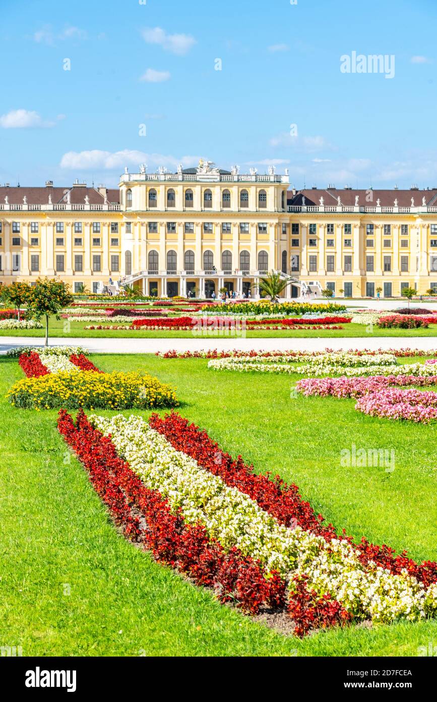 WIEN, ÖSTERREICH - 23. JULI 2019: Schloss Schönbrunn, Deutsch: Schloss Schönbrunn, und großer Parterre - Französischer Garten mit schönen Blumenbeeten, Wien, Österreich Stockfoto