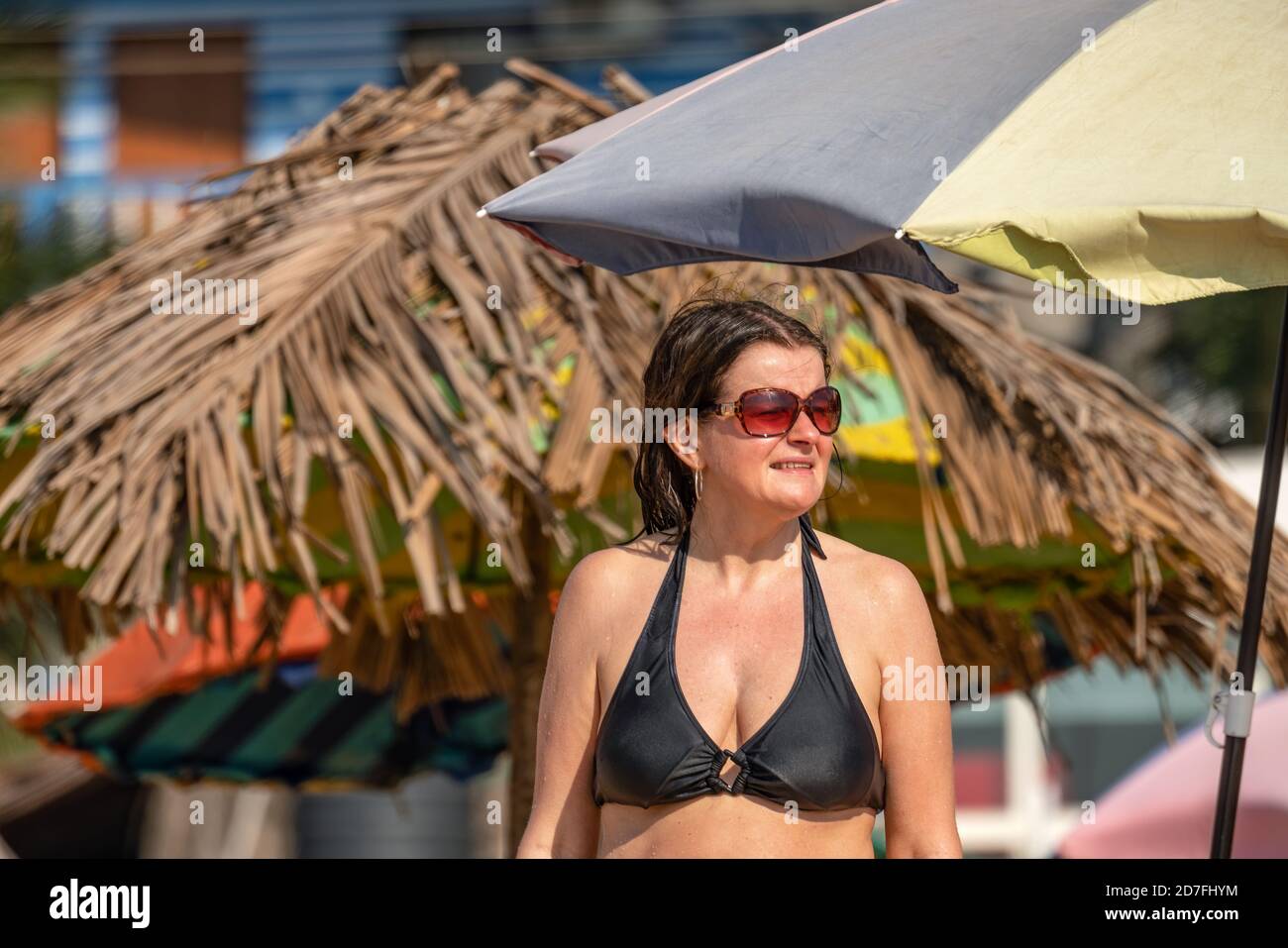 Hübsche skandinavische Frauen mittleren Alters in Sonnenbrillen mit feuchter Haut und Bikini nach dem Schwimmen im Meer, Blick zur Seite. Sonniger Tag, tropisch re Stockfoto