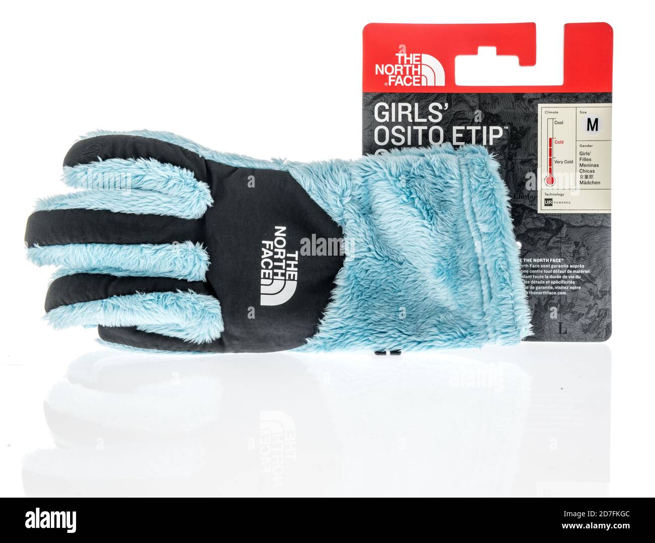 Winneconne, WI - 18. Oktober 2020: Ein Paket der North Face Handschuhe für den Winter auf einem isolierten Hintergrund. Stockfoto