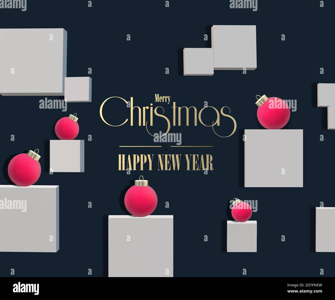 Weihnachten Neujahr Moderne 3D-Karte. Weihnachten Rote Kugeln Kugeln Kugeln im Raum auf blauschwarzem Hintergrund. 3D-Rendering. Gold Text Frohe Weihnachten Frohes neues Jahr. Stockfoto