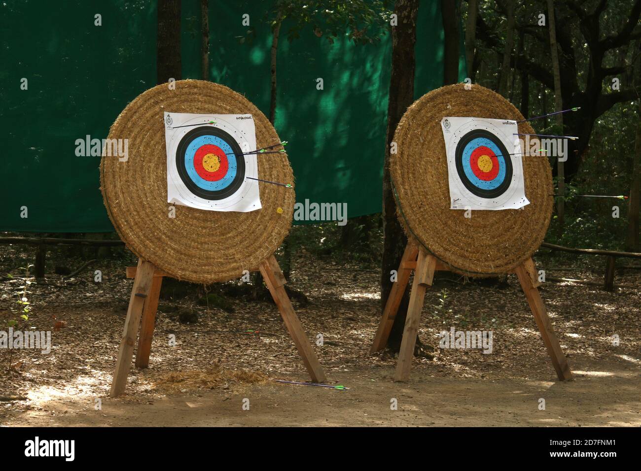 Zwei Bogenschießziele im Wald. Mehrere Pfeile treffen Zielring im Bogenschießen Ziel, andere sind aus. Dieses Spiel wird sehr in den touristischen Dörfern verwendet. Stockfoto