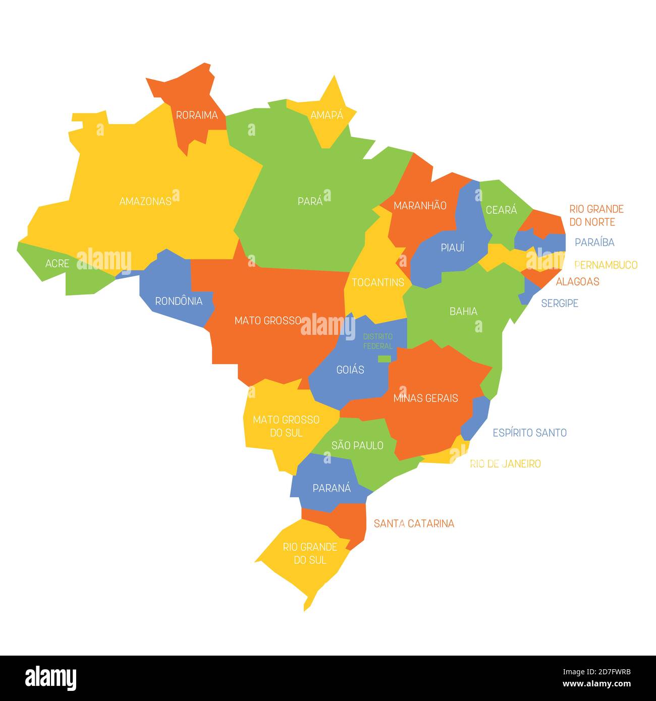 Bunte politische Landkarte von Brasilien. Verwaltungsabteilungen - Staaten. Einfache flache Vektorkarte mit Beschriftungen. Stock Vektor