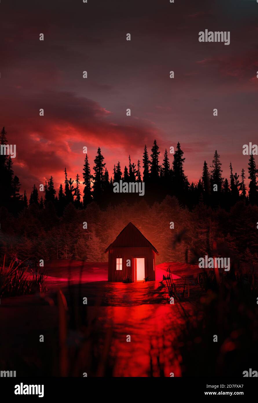 Ein Mann steht vor einer gruseligen rot glühenden verlassenen Hütte, isoliert in der Geige eines geheimnisvollen und gespenstischen Waldes. 3D-Illustration Stockfoto