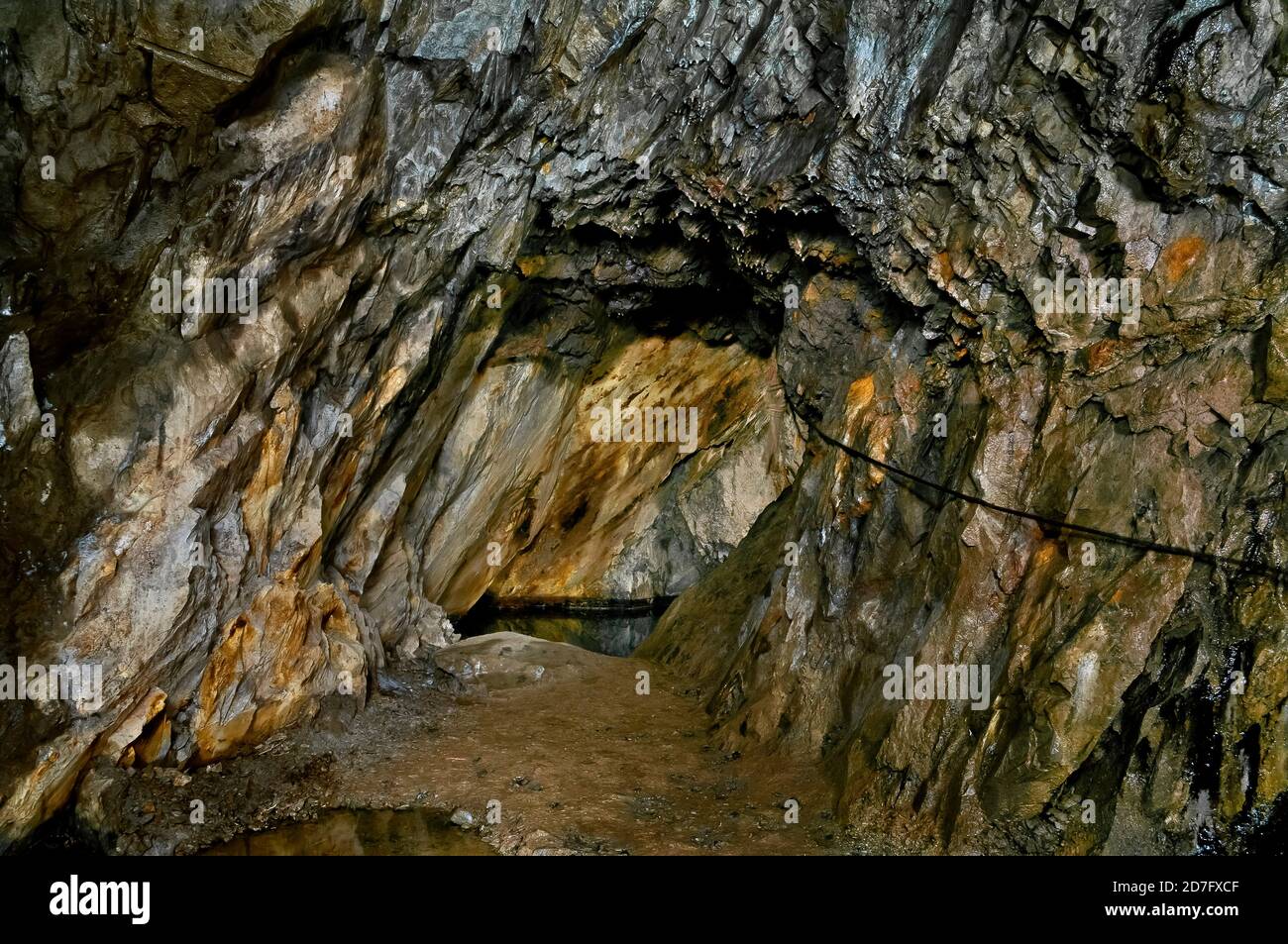 Tunnel, der durch Schießpulver durch steil angeschrägte Kalksteinschichten in einer alten Bleimine in Nordwales gesprengt wurde. Stockfoto