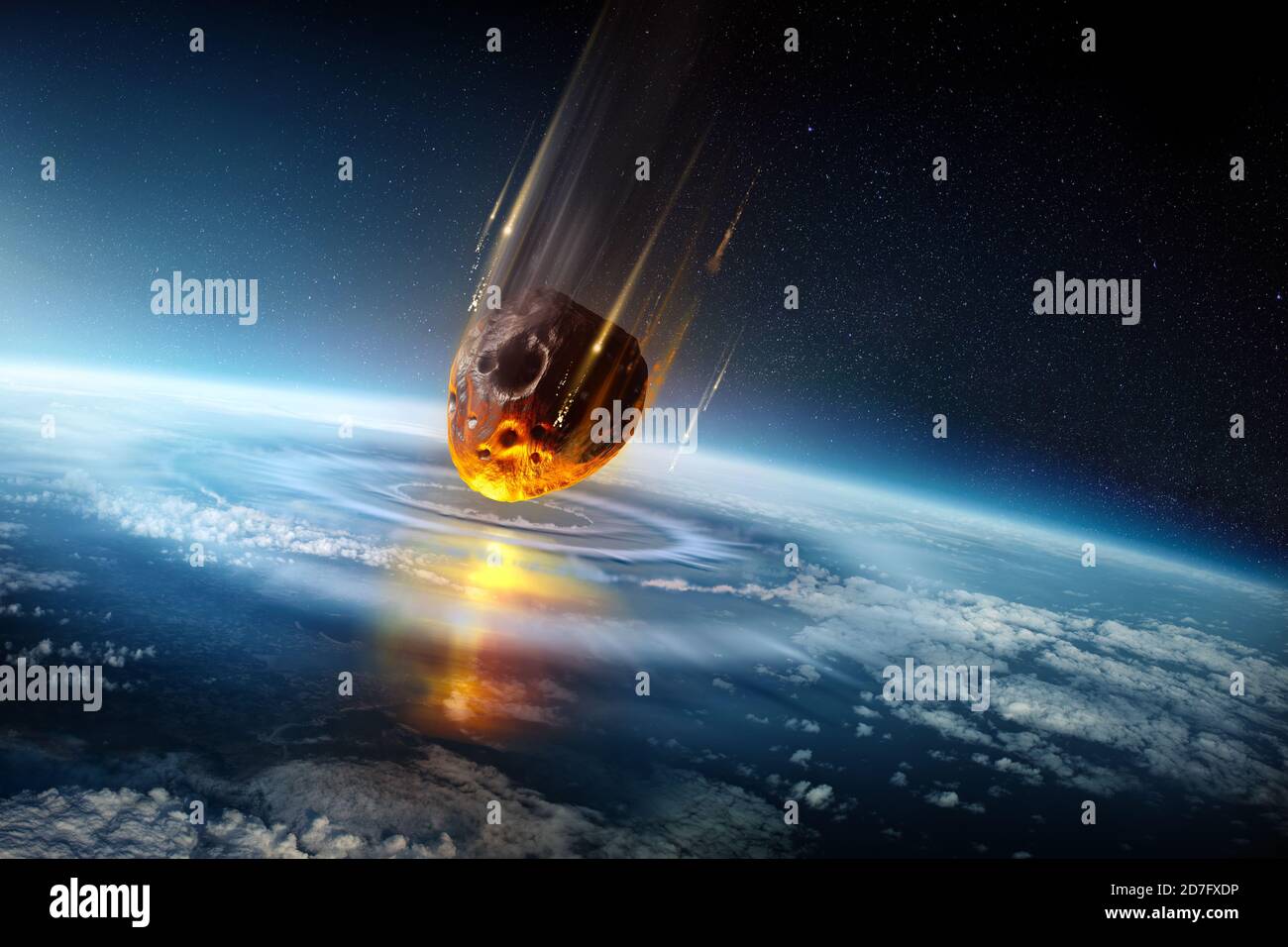 Ein riesiger Meteor in der Größe einer Stadt schlägt in die Erdatmosphäre und erzeugt Schockwellen. Massensterben Meteor Streik Ereignis 3D Wissenschaft Illustration. Stockfoto